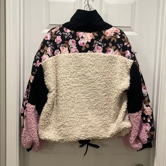 For Love and Lemons Cozy Zip-Up Jacket Colorblock floral stand collar Teddy bear - Picture 10 of 12